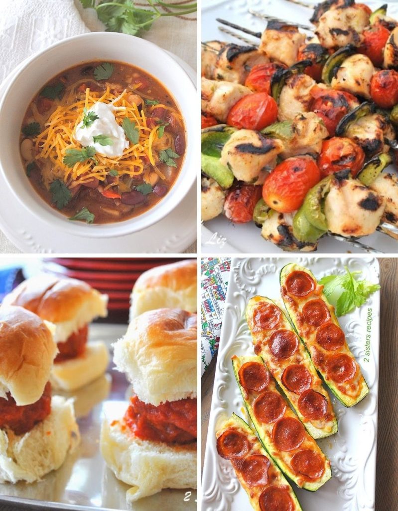 One bowl with chili, chicken kabobs, mini meatball sides and pepperoni pizza zucchini boats.  Ideas for dishes for Super Bowl Recipes.