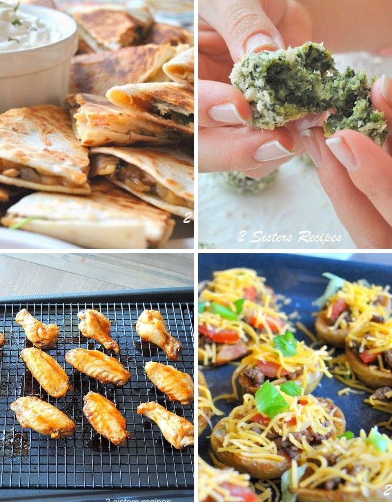 Four photos of warm finger-food appetizers for super bowl. by 2sistersrecipes.om