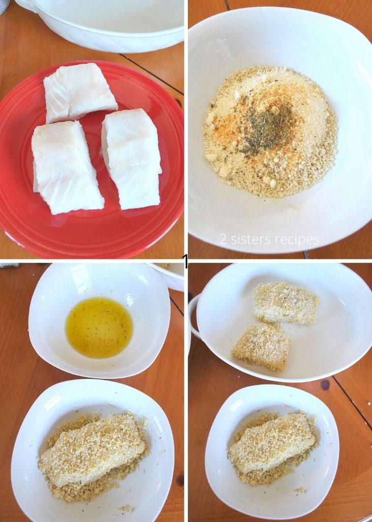 Raw cod fish on red plate, a bowl of bread crumb mixture and a bowl of oil for dipping cod for coating both sides. 