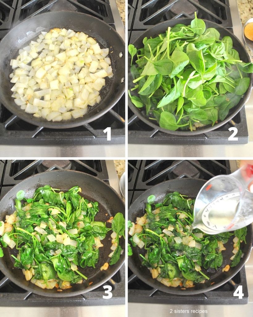 4 steps to sauting spinach in a skillet on stovetop. by 2sistersrecipes.com