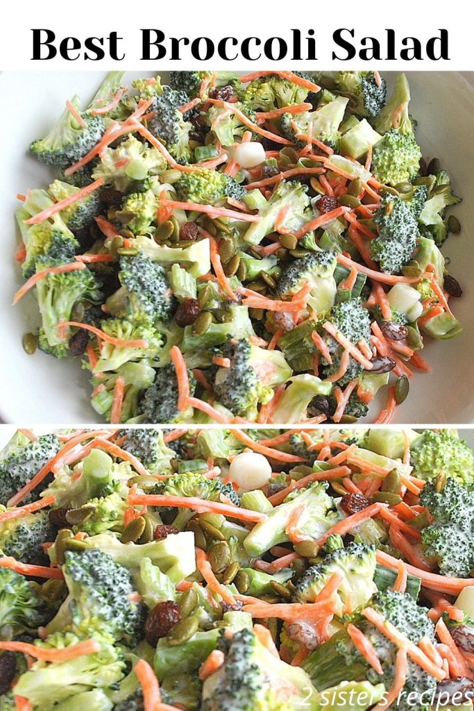 A  white salad bowl filled with fresh raw vegetables, broccoli florets, shredded carrots and raisins.