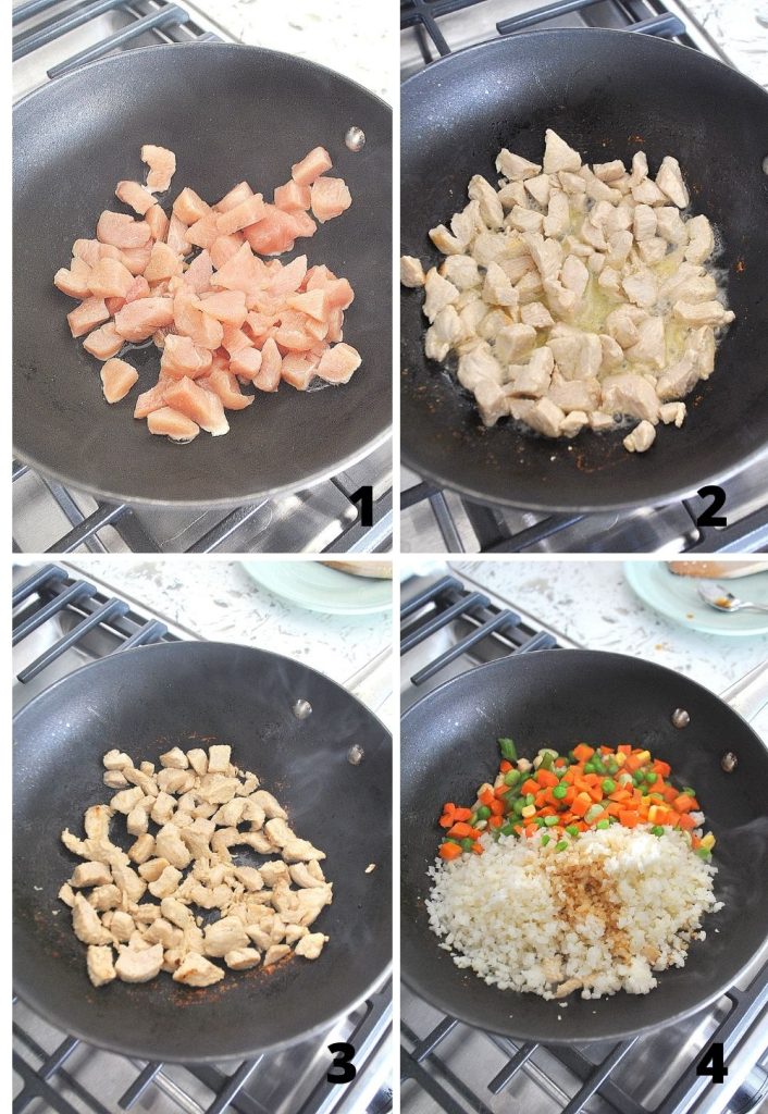 Four steps of cooking the chicken in a wok pan. by 2sistersrecipes.com