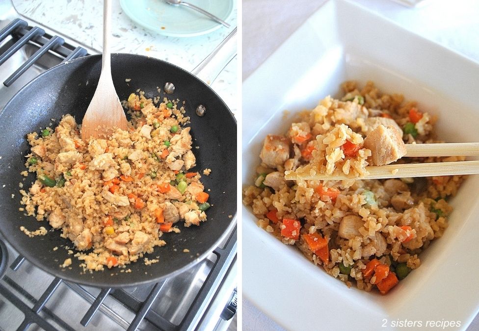 One photo with stir-fry in a wok, and the other photo in a bowl with chop sticks. by 2sistersrecipes.com