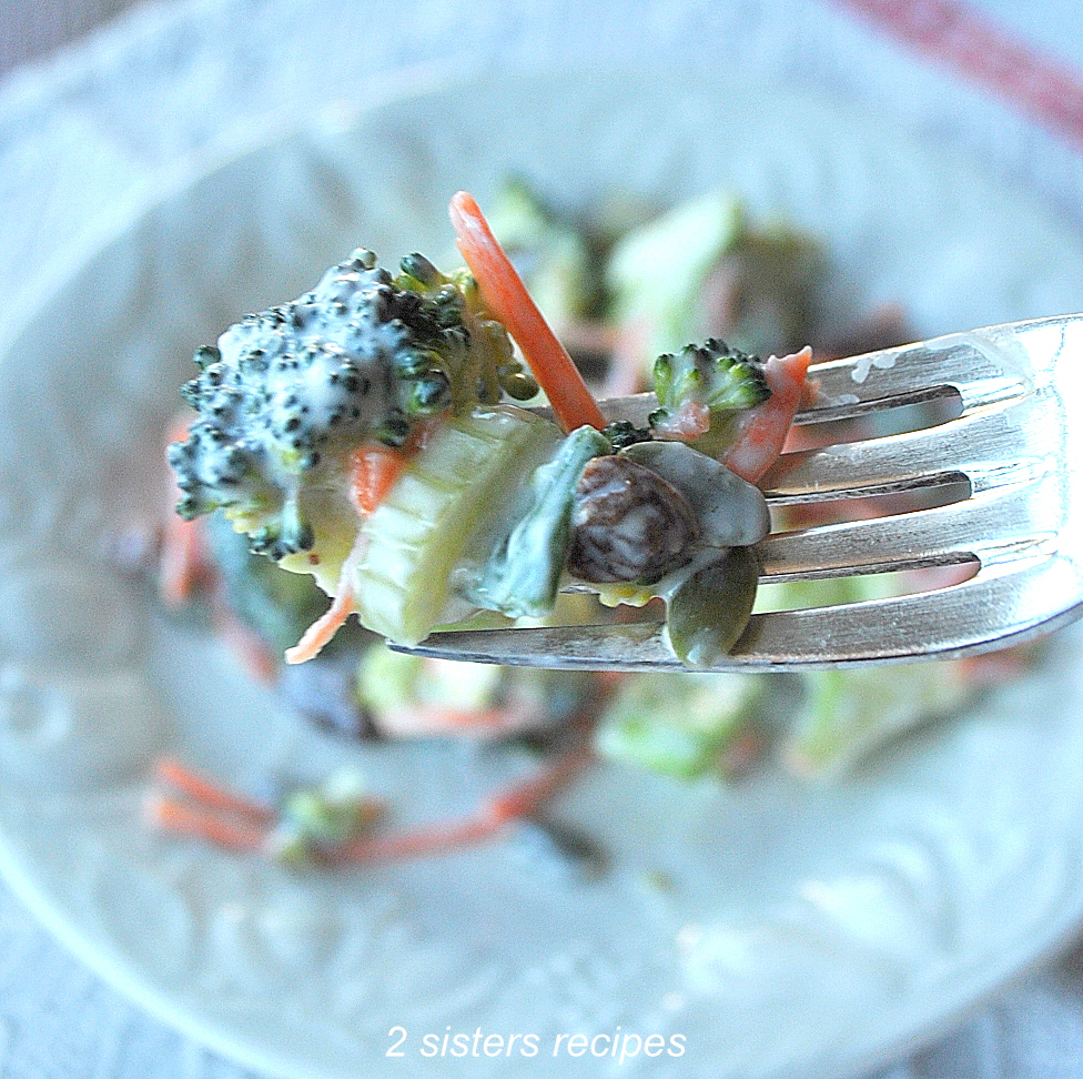 A forkful of broccoli, shredded carrot and raisin. 