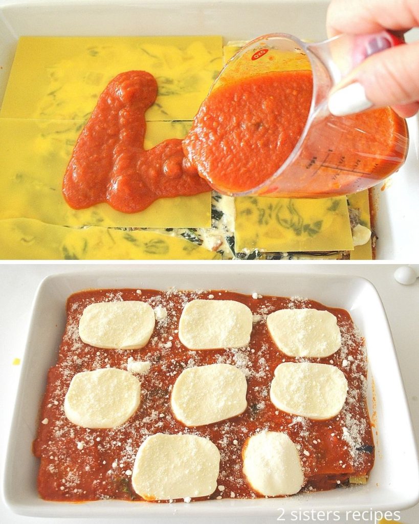 Pouring tomato sauce on the final layer and slices of mozzarella on top. 