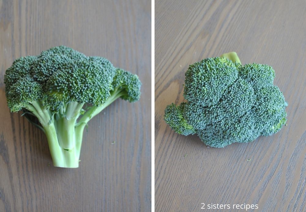 2 photos of fresh broccoli on a wood table. by 2sistersrecipes.com