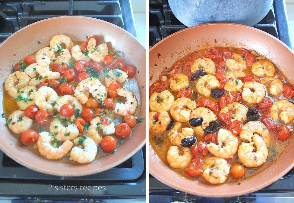 2 photos of shrimp cooking in skillet. by 2sistersrecipes.com