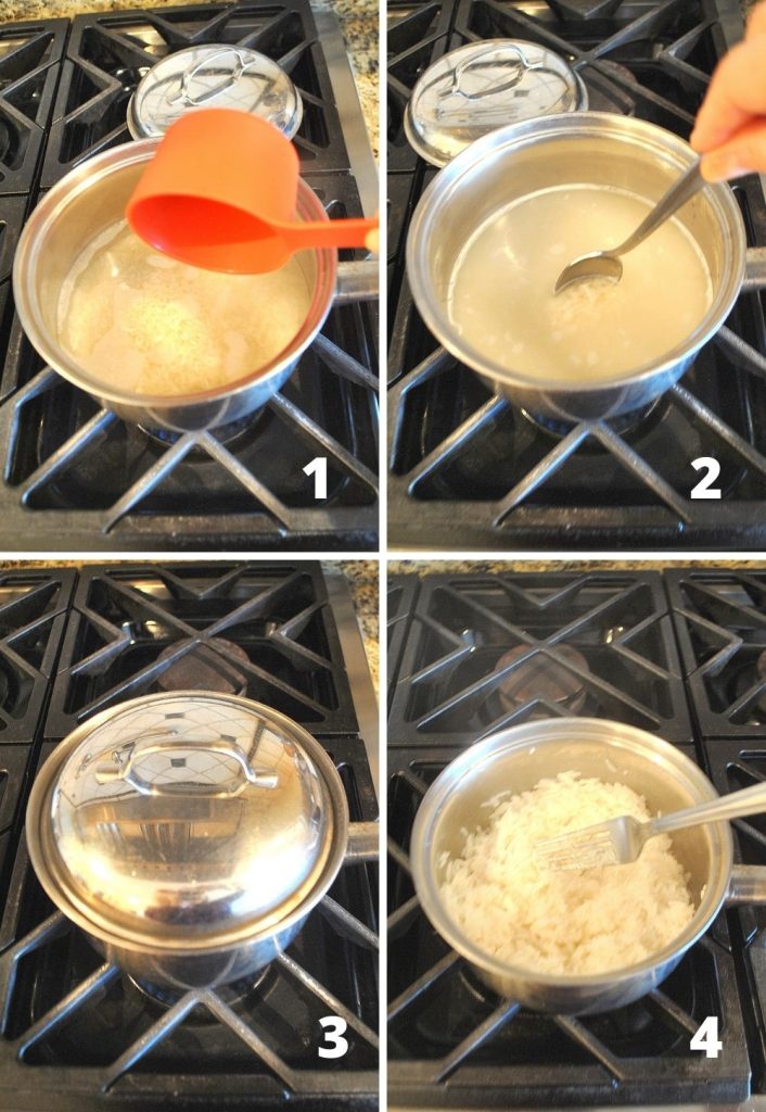 4 photos with steps to cooking white rice. by 2sistersrecipes.com