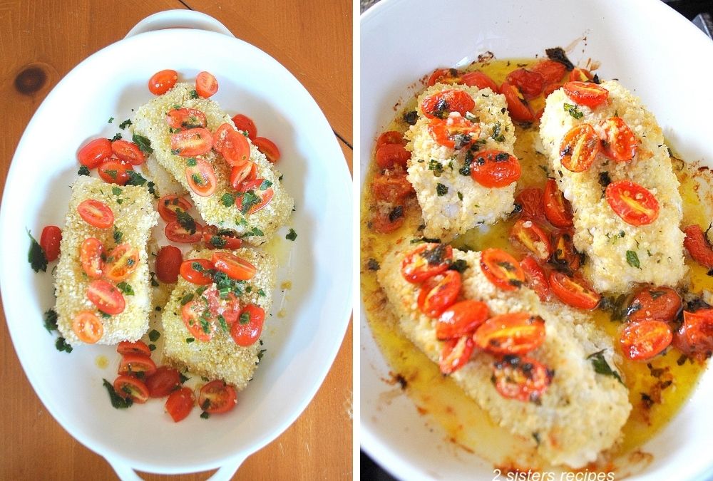 tomatoes scattered over fish, and baked in a white baking dish.  by 2sistersrecipes.com