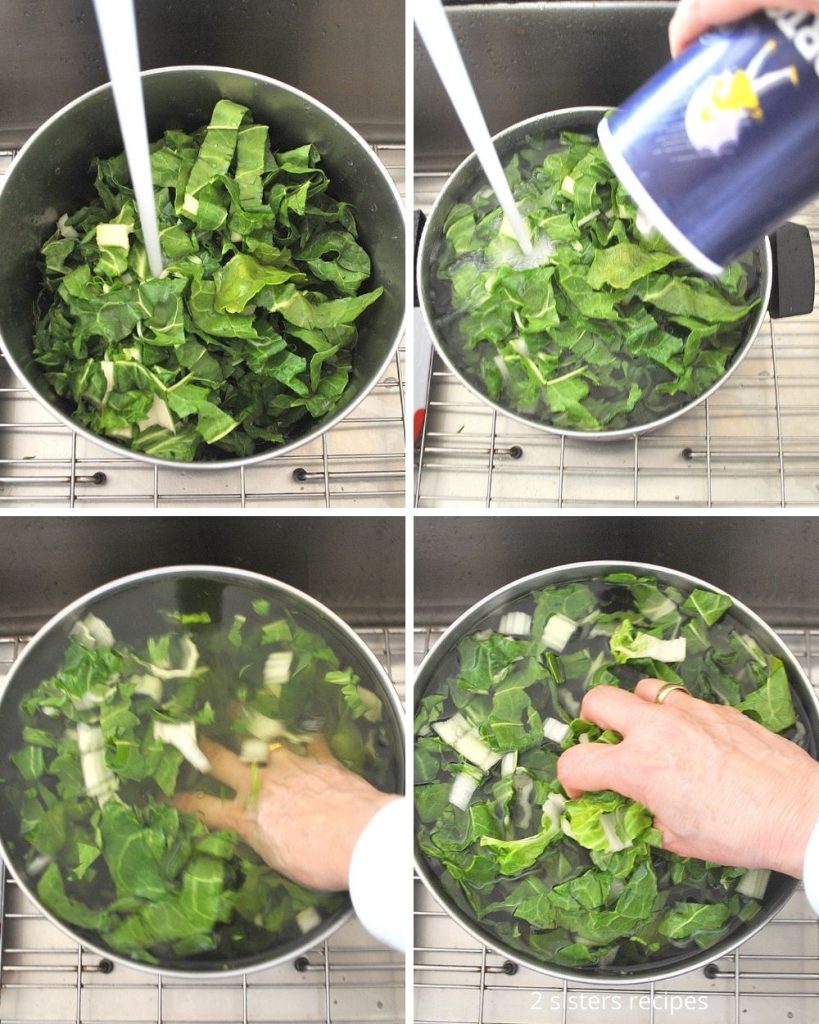4 steps to washing the chard in a large pot. by 2sistersrecipes.com