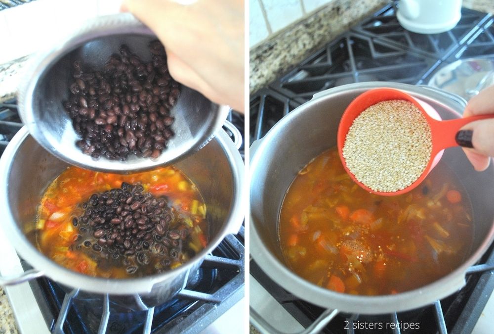 Black beans are added into the pot with the soup. by 2sistersrecipes.com
