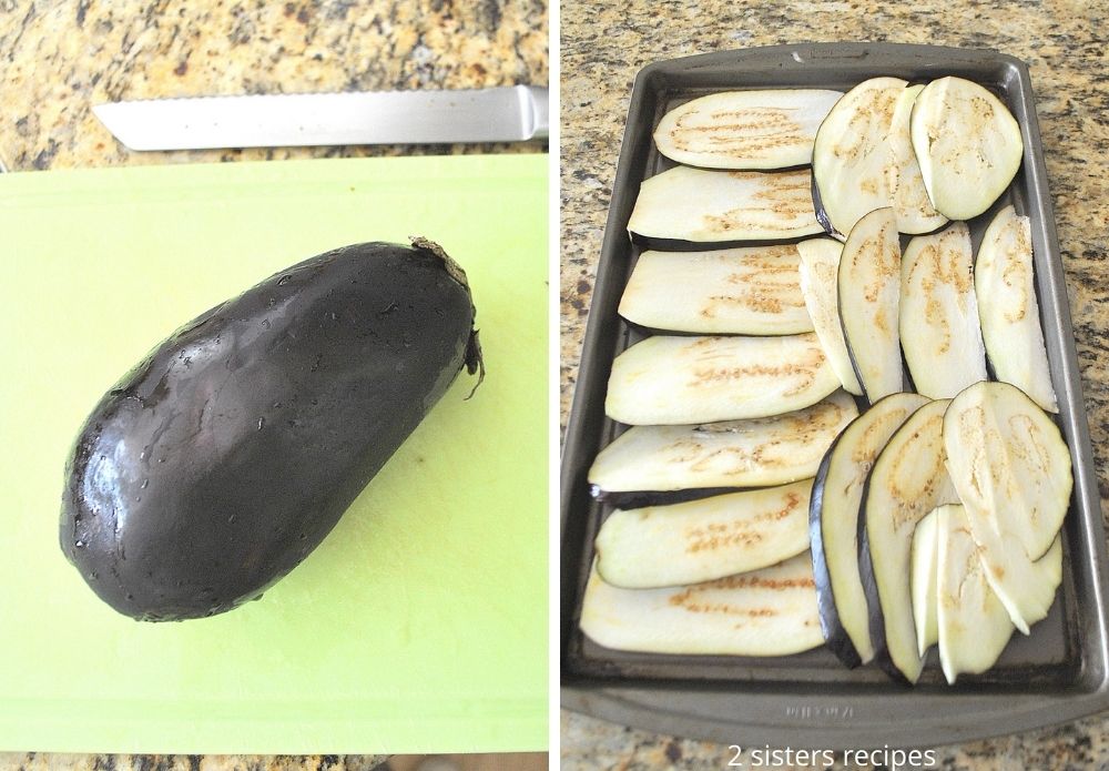 one eggplant on a green cutting board, and sliced eggplant layered on a baking sheet. by 2sistersrecipes.com