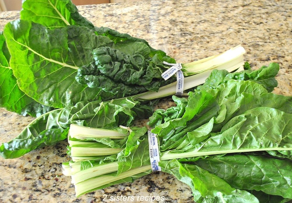 2 bunches of swiss chard on the counter. by 2sistersrecipes.com