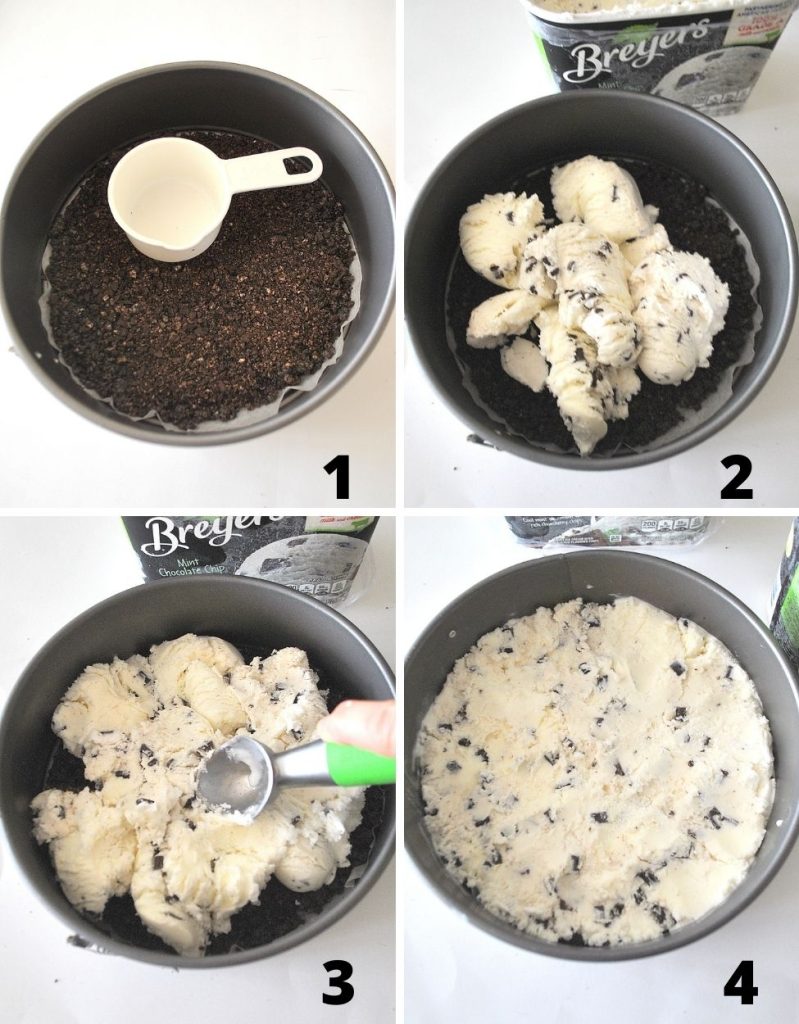 4 steps to making the crunchies and layering with ice cream. by 2sistersrecipes.com