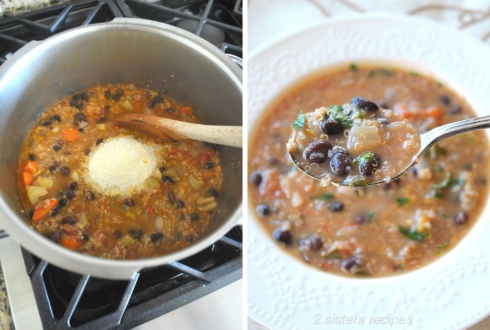A ppt of soup with grated cheese. And a spoonful of soup. by 2sistersrecipes.com