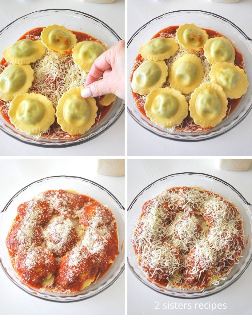 A second layer of ravioli on top, sauce and cheeses. 
