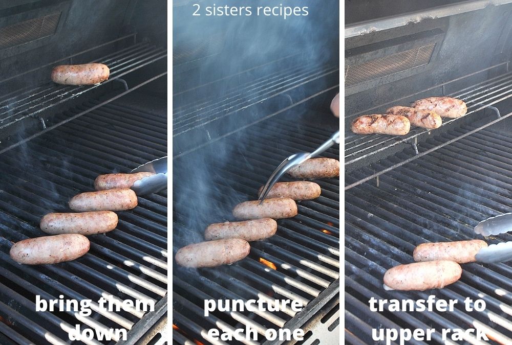 Sausage links on the grill. by 2sistersrecipes.com