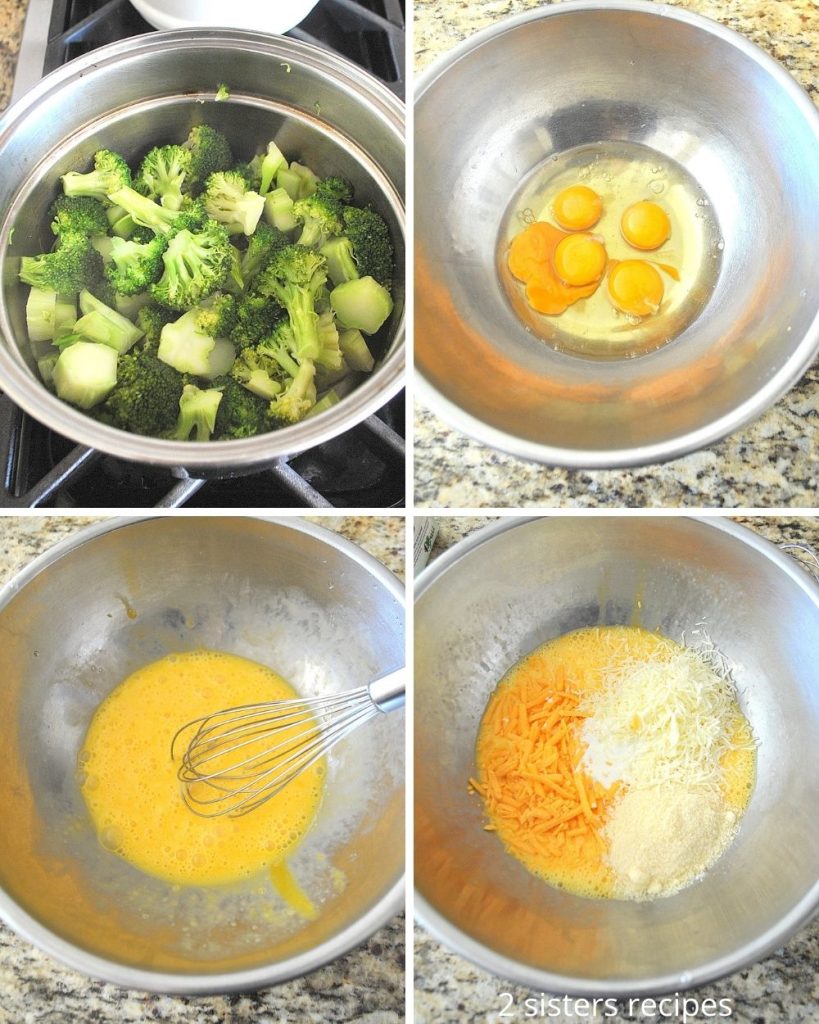 4 photos of 4 steps to whisking the eggs and cheese mixture in silver bowl.