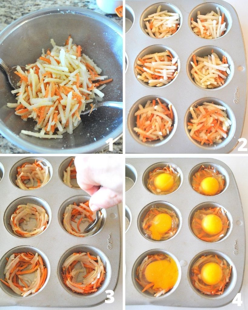 4 steps to filling the muffin pan.  by 2sistersrecipes.com