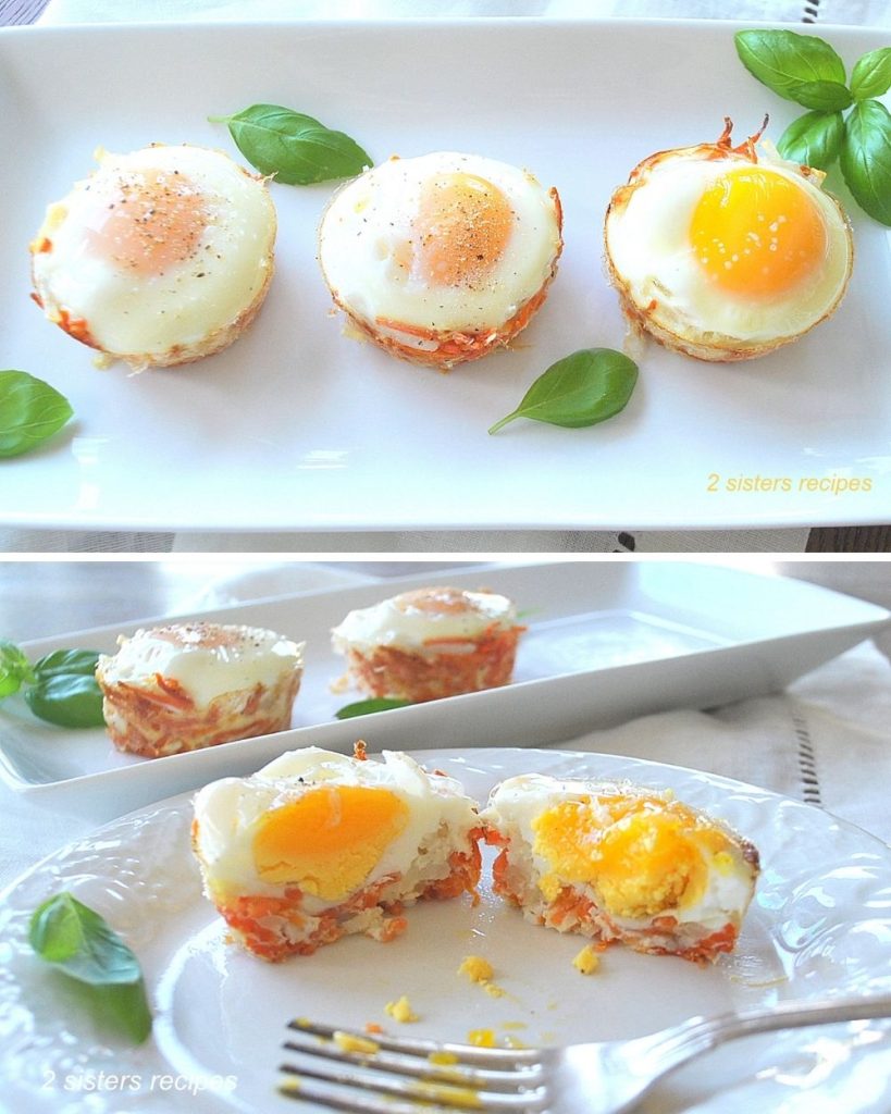 2 photos, with egg nest cut into. by 2sistersrecipes.com