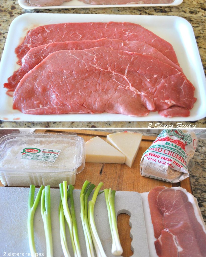 Two photos of ingredients needed to make our Braciole the Sicilian way!  2sistersrecipes.com 