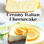A slice of a creamy Italian cheesecake served on a white plate.