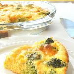 Crustless Broccoli Cheese Quiche is served on a white plate.
