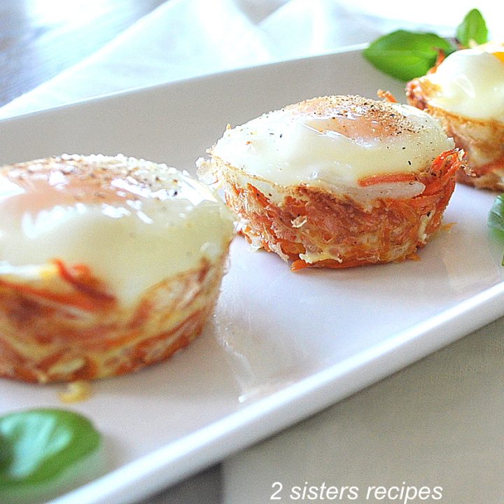 3 little egg nests served on a white platter. by 2sistersrecipes.com