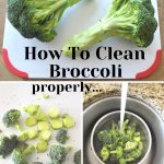 Fresh broccoli sitting on a white and red cutting board, and chopped and running them under water.