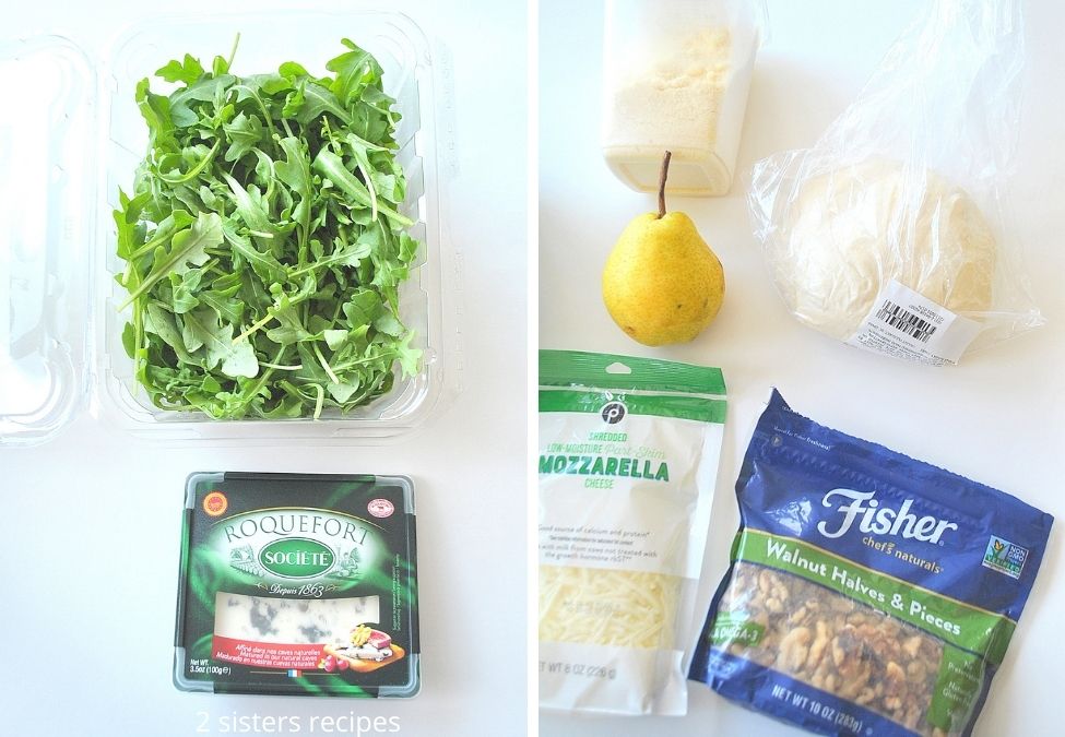 Ingredients for this pizza on a white board. by 2sistersrecipes.com