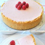 A raspberry cheesecake set on a plate, and a slice with a forkful with fresh raspberry and blueberry on the side.