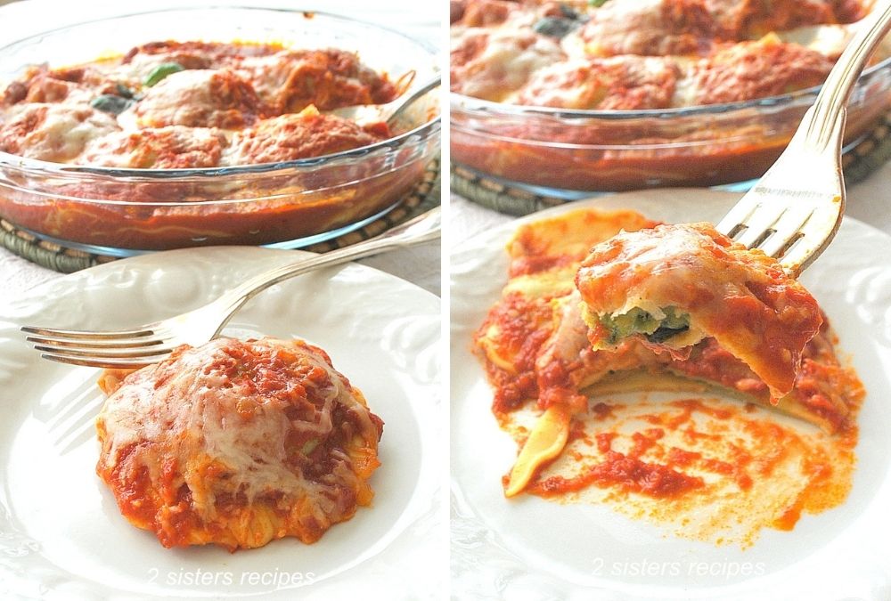 A portion of ravioli on a white plate, and a forkful of it in the other photo. by 2sistersrecipes.com