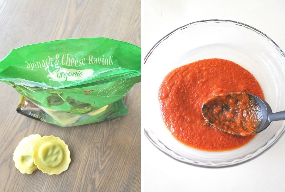 A bag of ravioli on table, and tomato sauce spread in pie dish. by 2sistersrecipes.com