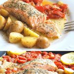A large Sheet Pan filled with small potatoes, cherry tomatoes, and salmon fillets.