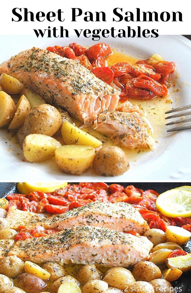 A large Sheet Pan filled with small potatoes, cherry tomatoes, and salmon fillets.