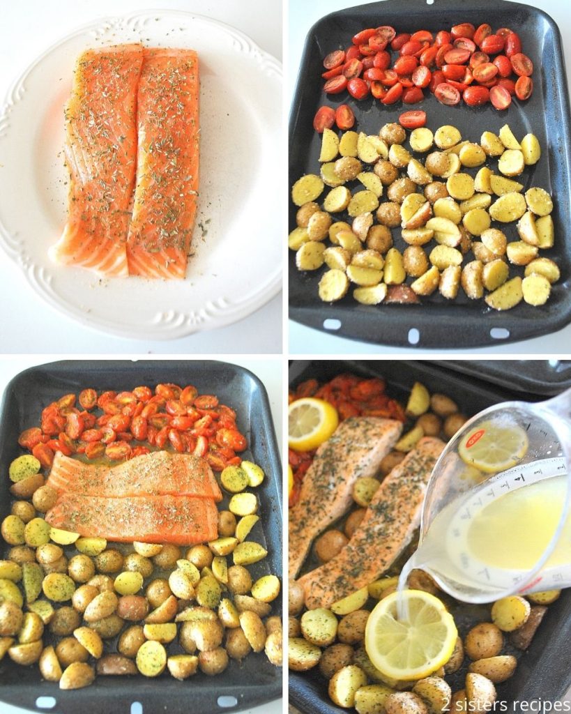 a white plate with raw salmon, seasoned, and a sheet pan with sliced tomatoes and small potatoes,. 