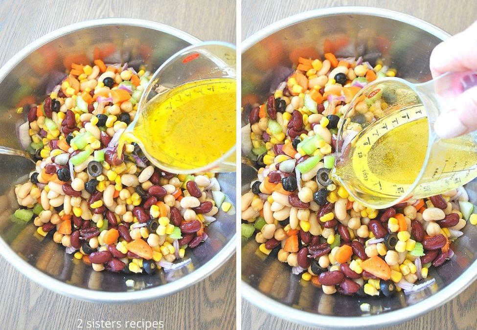 2 photos of bean mixture with pouring of the   vinaigrette. by 2sistersrecipes.com