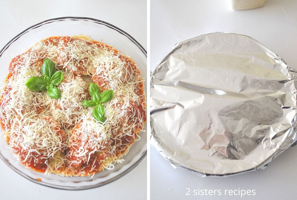 Basil on top of ravioli dish, and covered with aluminum foil.