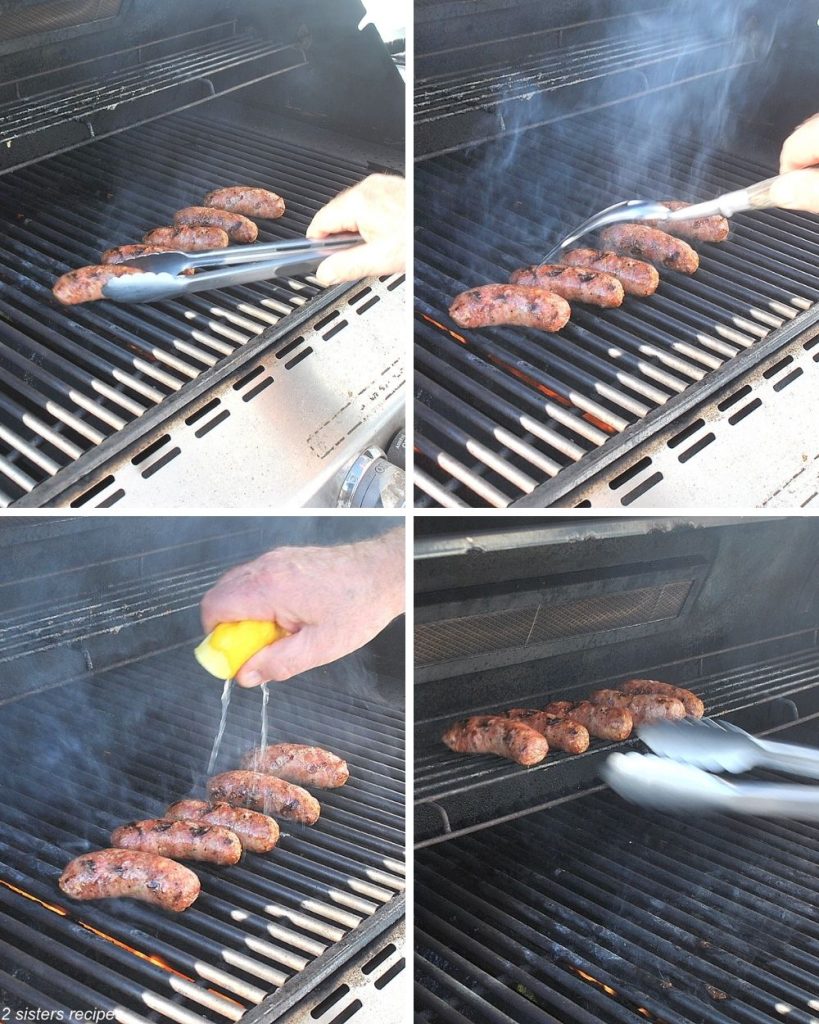 4 photos of repeating the steps to grill sausages. by 2sistersrecipes.com 