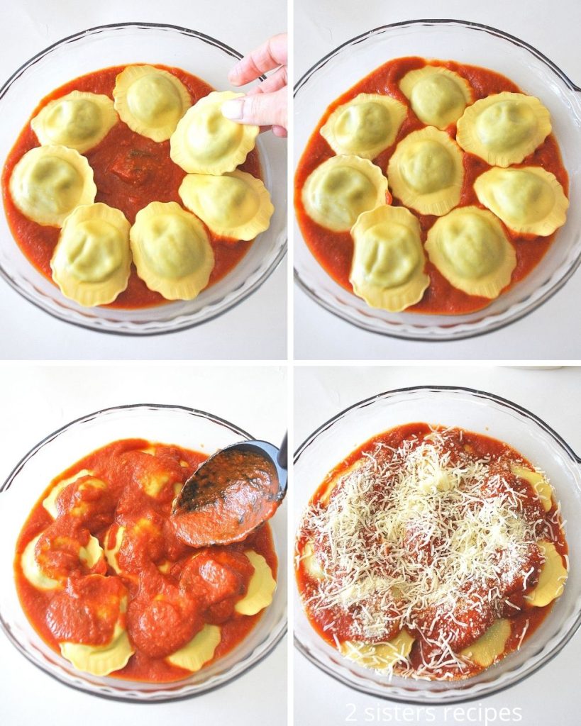 2 steps to show laying ravioli side by side in baking dish, topped with sauce and cheeses. by 2sistersrecipes.com