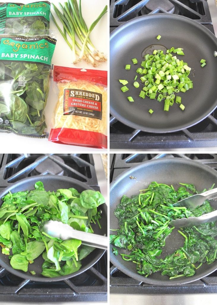 4 photos of spinach in skillet. by 2sistersrecipes.com