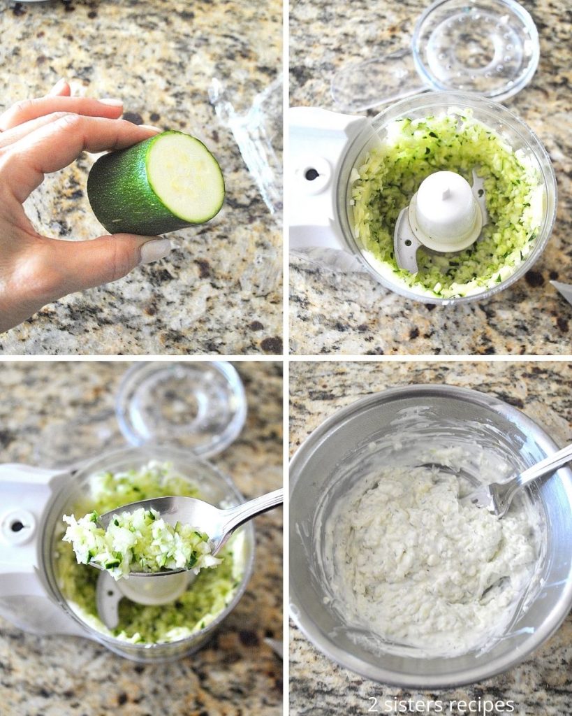 4 photos of zucchini minced in a mini chopper and added to the mixture in a silver bowl. by 2sistersrecipes.com