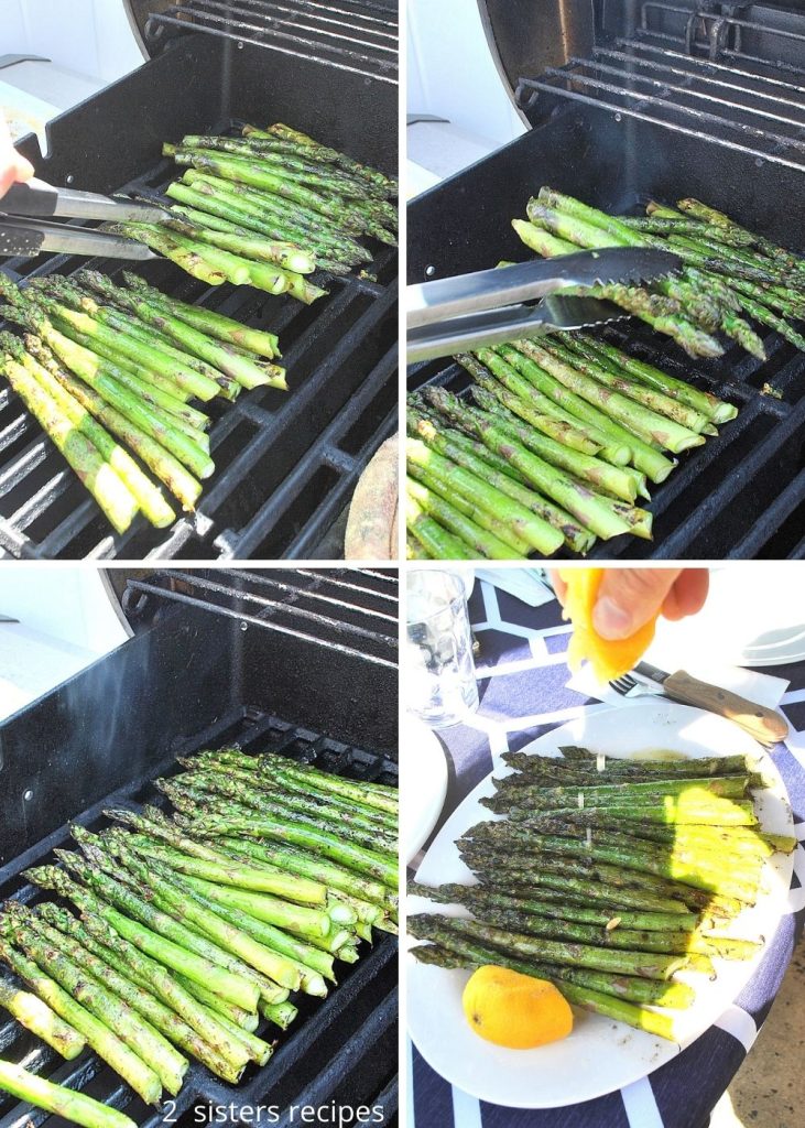 grilling asparagus and flipping them over. by 2sistersrecipes.com