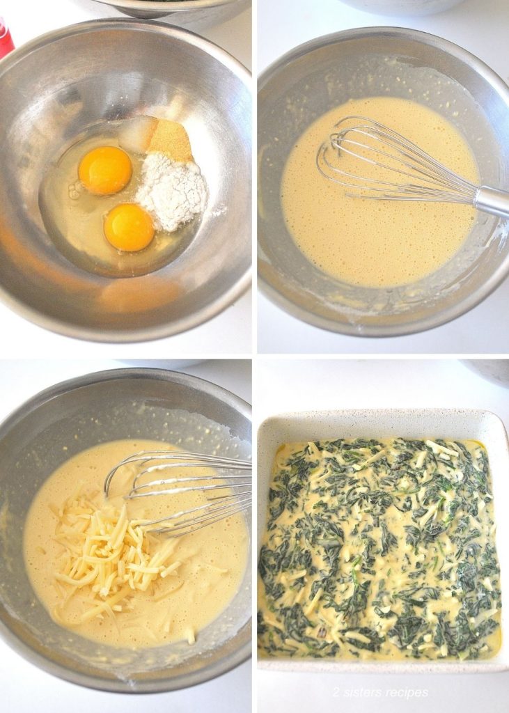 Mixing the eggs and cheese in a silver bowl. by 2sistersrecipes.com