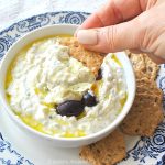 A chip is dipped into the Tzatziki sauce.