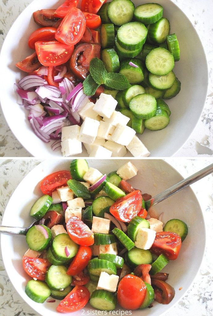  two photos of ingredients in a white bowl. by 2sistersrecipes.com