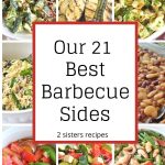 Dishes filled with salads, grilled veggies and baked beans as sides.