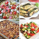 Four different side dishes to serve at a BBQ. Baked beans, pasta salad, grilled zucchini and Greek Salad.