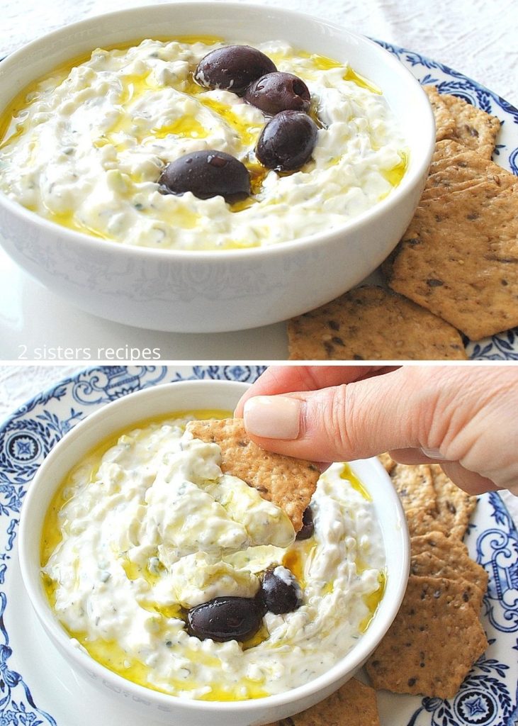 2 photos of a close up of yogurt sauce in a white bowl. by 2sistersrecipes.com