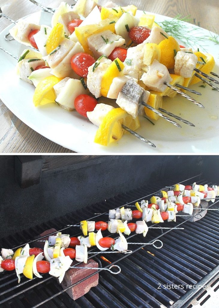 grilling swordfish skewers on the grill. by 2sistersrecipes.com